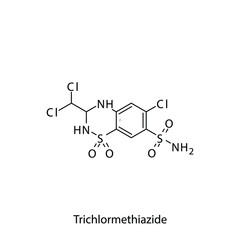 Trichlormethiazide molecular structure, flat skeletal chemical formula. Thiazide diuretic drug used to treat Hyperclaceamia, Hepatic cirrhosis, gout, Heart failure. Vector illustration.