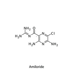 Fototapeta premium Amiloride molecular structure, flat skeletal chemical formula. Potassium sparing diuretic drug used to treat Heart failure, hypertension, hypokalemia. Vector illustration.