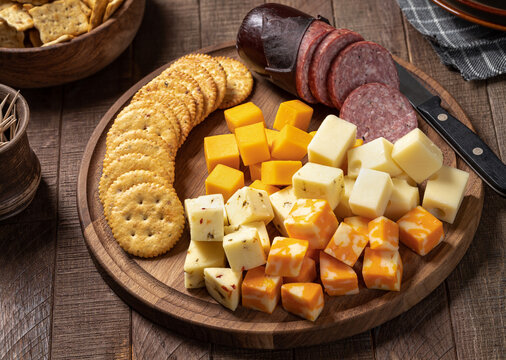 Cheese Platter With Crackers And Sausage