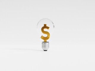 Isolated of Golden US dollar sign inside transparent lightbulb for creative thinking idea and problem solving can make more money by 3d rendering technique.