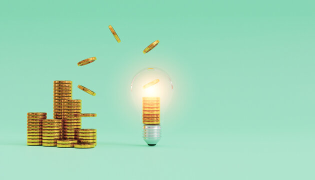 Money coins flying from glowing lightbulb and make heap of coins on blue background for creative thinking idea and problem solving can make more money by 3d rendering technique.