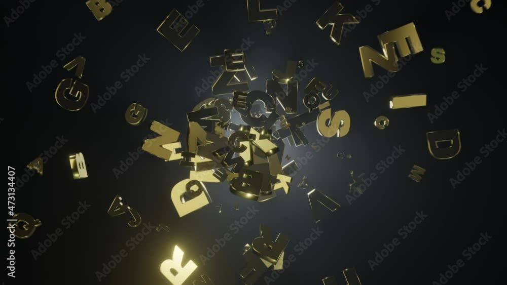Poster golden shiny letters from alphabet flying in random motion on dark environment with volumetric back 