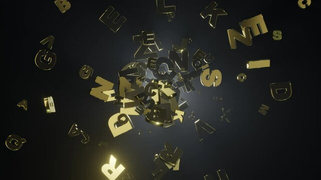 Golden shiny letters from alphabet flying in random motion on dark environment with volumetric back lighting.