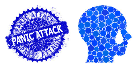 Man tear vector collage of circle dots in variable sizes and blue color tones, and grunge Panic Attack stamp seal. Blue round sharp rosette stamp seal has Panic Attack caption inside it.