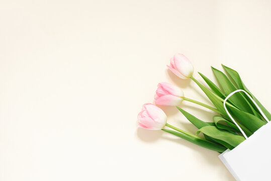 Flat lay composition with pink tulips in paper bag on beige background