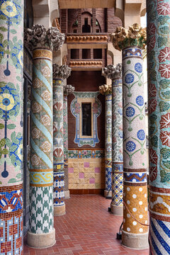 Barcelona, Spain - 23 Nov, 2021: Colourful ornate columns on the exterior balcony of the Palau De La Musica, Barcelona, Spain
