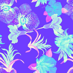 Fototapeta na wymiar Turquoise Tropical Wallpaper. White Exotic Foliage. Gray Hibiscus Textile. Seamless Textile. Pattern Design. Watercolor Foliage. Summer Plant. Flower Jungle.