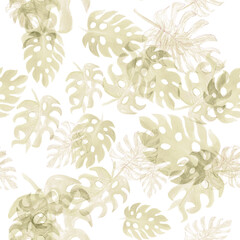 Gray Monstera Leaves. Brown Seamless Painting. Pattern Set. Watercolor Monstera. Tropical Leaf. Floral Textile. Summer Backdrop. Botanical Palm.