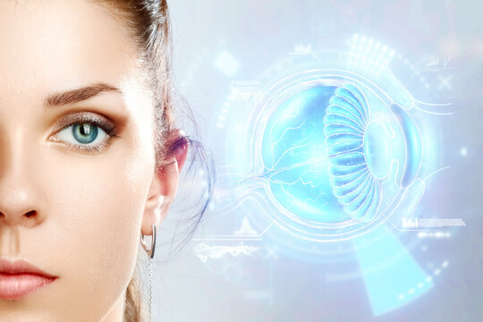 Realistic hologram of human eye and real eye close-up. Vision concept, laser eye surgery, cataract, astigmatism, modern ophthalmologist.