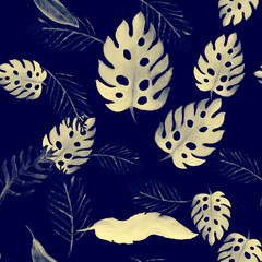 Naklejka premium White Seamless Set. Blue Pattern Wallpaper. Azure Watercolor Decor. Navy Tropical Background. Gray Floral Palm. Indigo Summer Garden. Beryl Botanical Print.