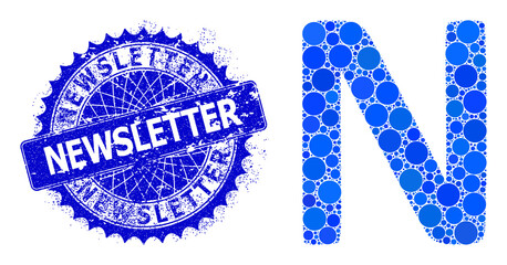 Nu Greek symbol vector composition of round dots in various sizes and blue color tints, and grunge Newsletter stamp seal. Blue round sharp rosette stamp includes Newsletter tag inside it.