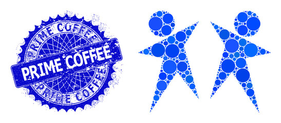 Partners vector composition of small circles in various sizes and blue color tints, and rubber Prime Coffee stamp seal. Blue round sharp rosette stamp seal includes Prime Coffee text inside it.