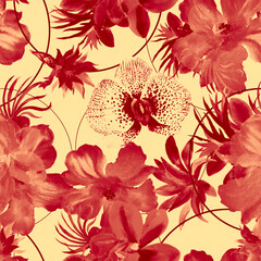 Coral Watercolor Plant. Scarlet Flower Texture. Pink Seamless Wallpaper. Rusty Hibiscus Set. Pattern Texture. Tropical Wallpaper. Fashion Jungle.Art Plant.