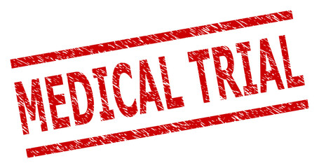Red MEDICAL TRIAL seal stamp. MEDICAL TRIAL seal with parallel line elements. Rough MEDICAL TRIAL seal stamp in red color, with grunge style.