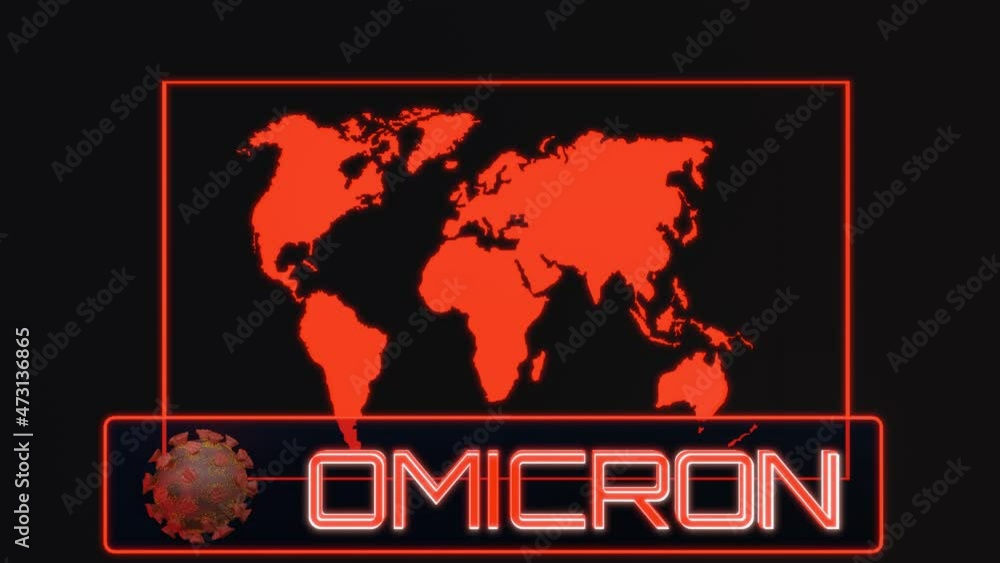 Poster the word omicron with a rotating coronavirus pattern on a flashing red world map background. concept