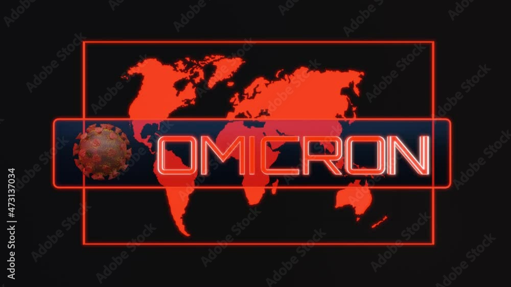Poster the word omicron with a rotating coronavirus pattern on a flashing red world map background. concept