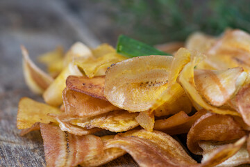 Crispy Banana Chips . Fried or baked sliced banana 