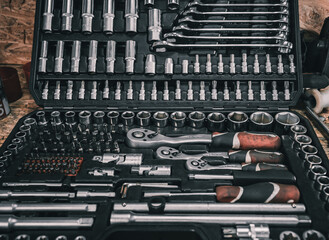 A set of mechanics tools on the table at car service