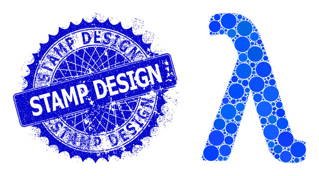 Lambda Greek lowercase symbol vector collage of dots in variable sizes and blue color tints, and textured Stamp Design seal. Blue round sharp rosette stamp seal has Stamp Design title inside.