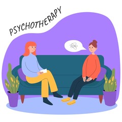 Concept of psychotherapy. Psychotherapist or a psychiatrist, a psychologist is sitting on the couch with a sad girl patient who is confused in herself. Vector illustration in flat style.