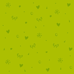 Vector winter pattern on a green background with a design of snowflakes, triangles, circles, dots, bows and hearts
