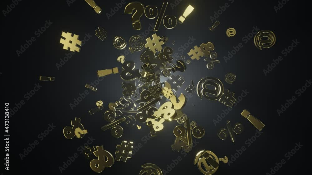 Poster golden shiny symbols flying in random motion on dark environment with volumetric back lighting.