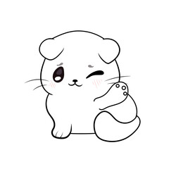 White Cartoon Kitten Isolated on White Background, Coloring Illustration, Contour Lines.