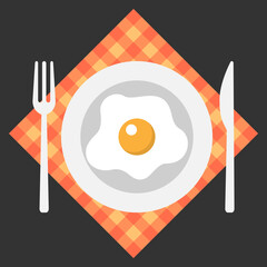 Plate with cutlery on a blue background, amlet, orange checkered tablecloth, black background, flat style, vector