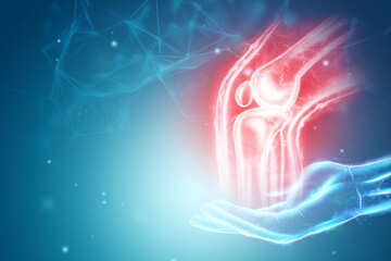 X-ray of a sore knee, hologram of joints, structure of the knee. X-ray image, trauma, rheumatologist consultation, skeletal image, medicine of the future. 3D illustration, 3D render.