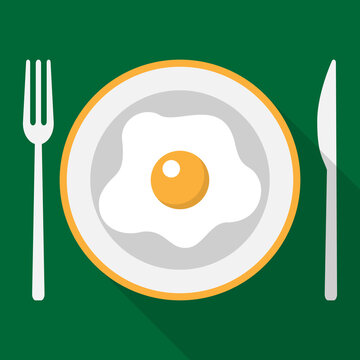 breakfast, plate with cutlery, amlet, green background, flat style, vector
