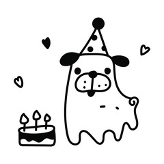 Birthday concept. Happy pug. Vector outline illustration on white background. 