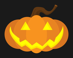 Halloween pumpkin with happy face on dark background, in flat style, vector