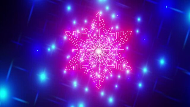 A tunnel of bright neon snowflakes. Bright dynamic Christmas background for New Year video. VJ material for Christmas parties.