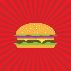 small hamburger on red background, in flat style, vector