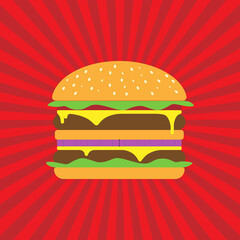 double hamburger on red background, in flat style, vector