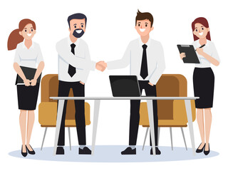 Business group people teamwork on deals and shaking hands concept background. Illustration vector flat design.