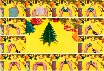 How to make origami Christmas tree from colored paper. Children's art project. DIY concept. Step by...