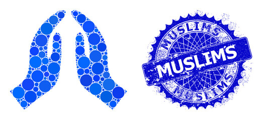 Pray hands vector composition of circle dots in variable sizes and blue color tinges, and scratched Muslims stamp seal. Blue round sharp rosette stamp seal contains Muslims title inside it.