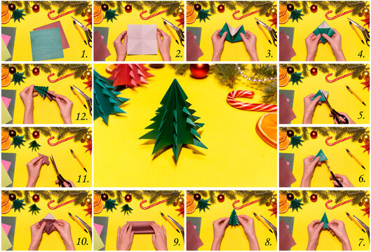 How to make origami Christmas tree from colored paper. Children's art project. DIY concept. Step by step photo instruction collage