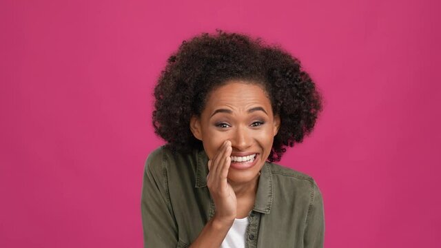 Lady gossip friend novelty laughter tease isolated fuschia color background