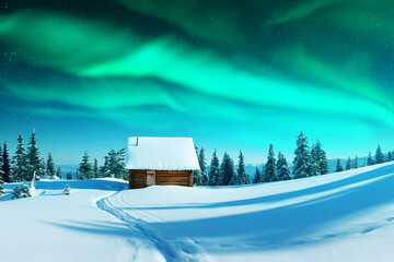 Fantastic winter landscape with wooden house with light in window in snowy mountains and northen...