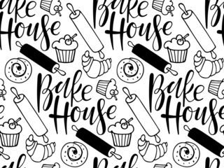 Seamless pattern with Bake House Calligraphy lettering, rolling pin, bakery. Hand lettering ink inscription for bakery, shop, food company. Repeated background for wallpaper, wrapping, packing