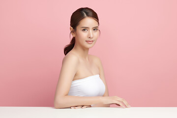 Obraz na płótnie Canvas Beautiful young asian woman with clean fresh skin on pink background, Face care, Facial treatment, Cosmetology, beauty and spa, Asian women portrait.
