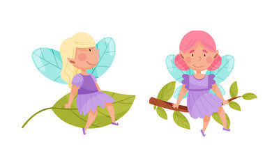 Cute fairies set. Adorable winged girls sitting tree leaf cartoon vector illustration
