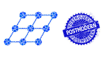 Shifted grid vector composition of circle dots in different sizes and blue color tints, and grunge Postmodern stamp seal. Blue round sharp rosette seal includes Postmodern caption inside it.