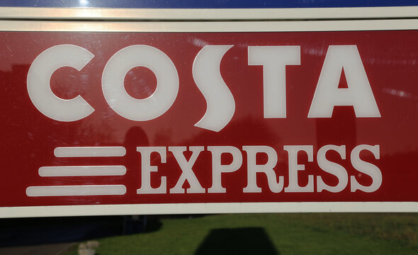 Ruabon, Denbighshire, Wales, UK.  7 January 2018.   A Costa Express sign.