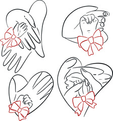Vector linear hands of family and child, cute icons