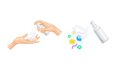Disinfection set. Hands hygiene with sanitizer. Bottle of antiseptic spray vector illustration