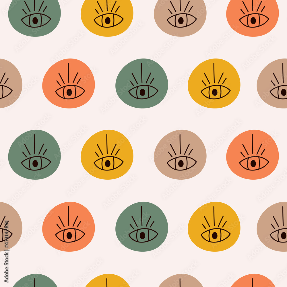 Poster Abstract  seamless pattern  with  open eyes in round colorful shapes on pastel background. Vector hand drawn  illustration.