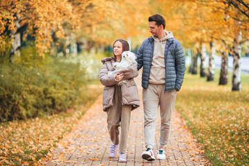 Fototapeta premium Family of dad and kid on beautiful autumn day in the park